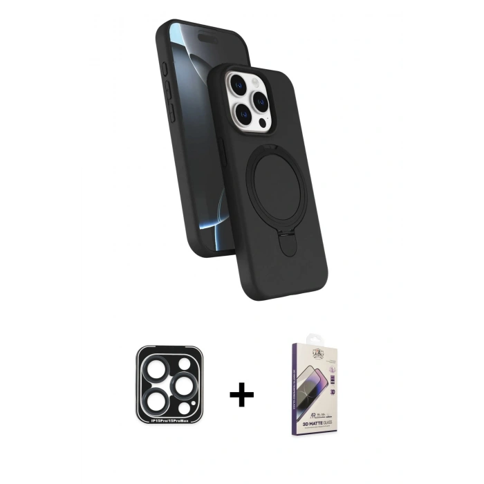 MARSİLYAN™- iPhone 15 Pro Max Kılıf İz Işık Koleksiyonu - Siyah Bilvis 3D Mat Cam Ekran Koruyucu + PVD Metal Kamera Lens - LT