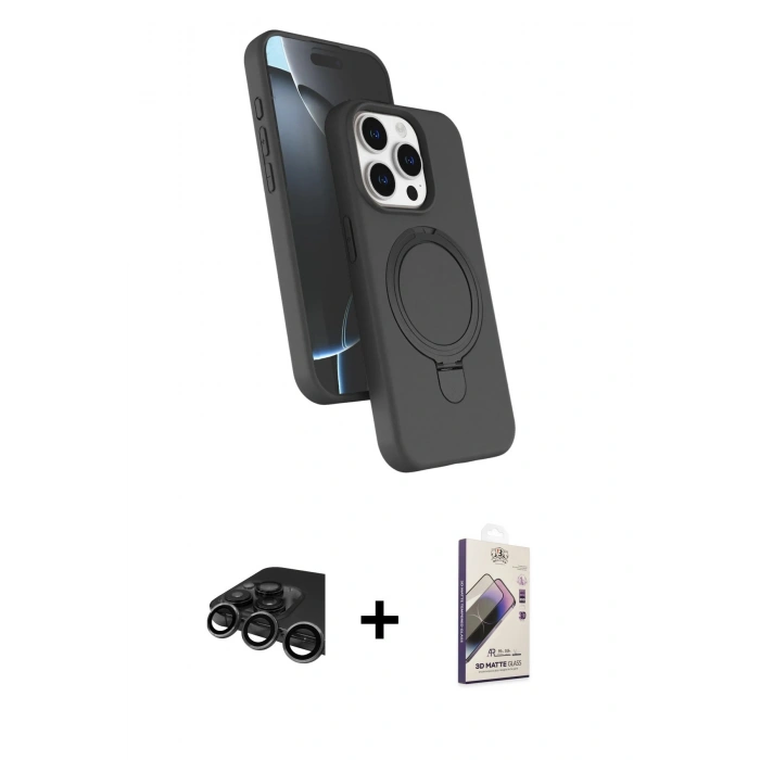 MARSİLYAN™- iPhone 15 Pro Max Kılıf İz Işık Koleksiyonu - Siyah Bilvis 3D Mat Cam Ekran Koruyucu + Raze Metal Kamera Lens - TMGI
