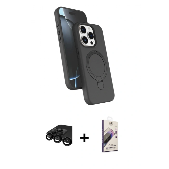 MARSİLYAN™- iPhone 15 Pro Max Kılıf İz Işık Koleksiyonu - Siyah Bilvis 3D Mat Cam Ekran Koruyucu + Raze Metal Kamera Lens - SH