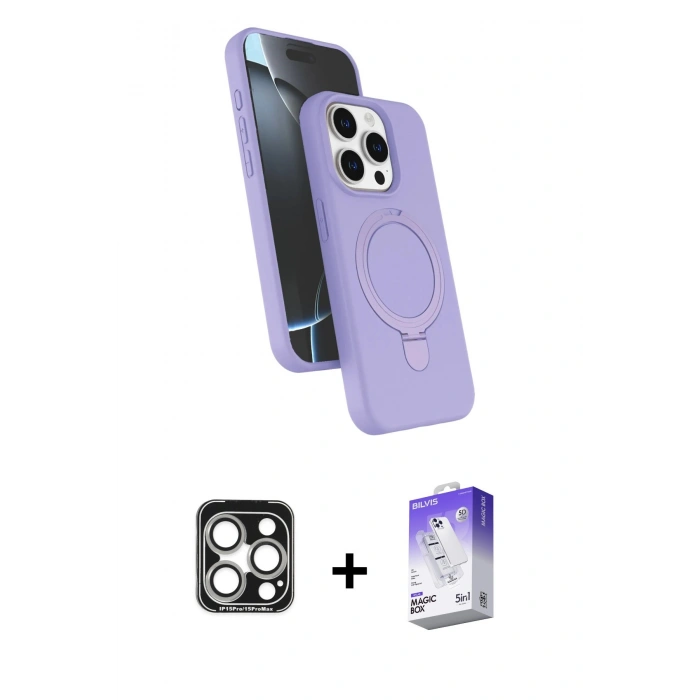 MARSİLYAN™- iPhone 15 Pro Max Kılıf İz Işık Koleksiyonu - Siyah Bilvis 5in1 3D Magic Cam Ekran Koruyucu + PVD Metal Kamera Lens - GS
