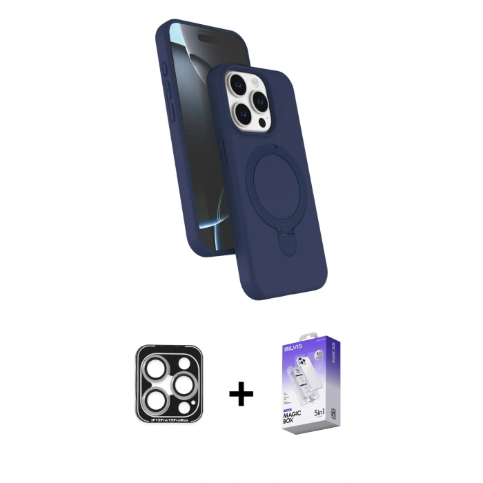 MARSİLYAN™- iPhone 15 Pro Max Kılıf İz Işık Koleksiyonu - Siyah Bilvis 5in1 3D Magic Cam Ekran Koruyucu + PVD Metal Kamera Lens - GS