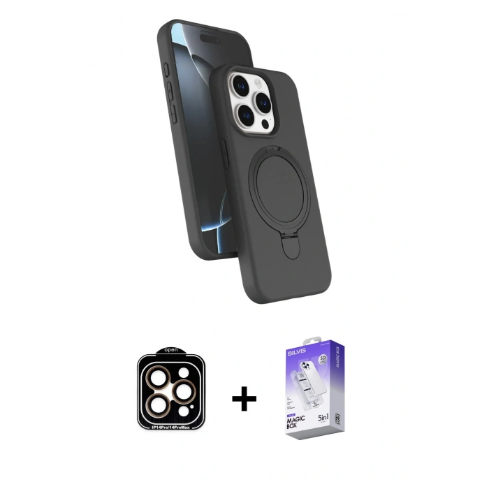 MARSİLYAN™- iPhone 15 Pro Max Kılıf İz Işık Koleksiyonu - Siyah Bilvis 5in1 3D Magic Cam Ekran Koruyucu + PVD Metal Kamera Lens - TU