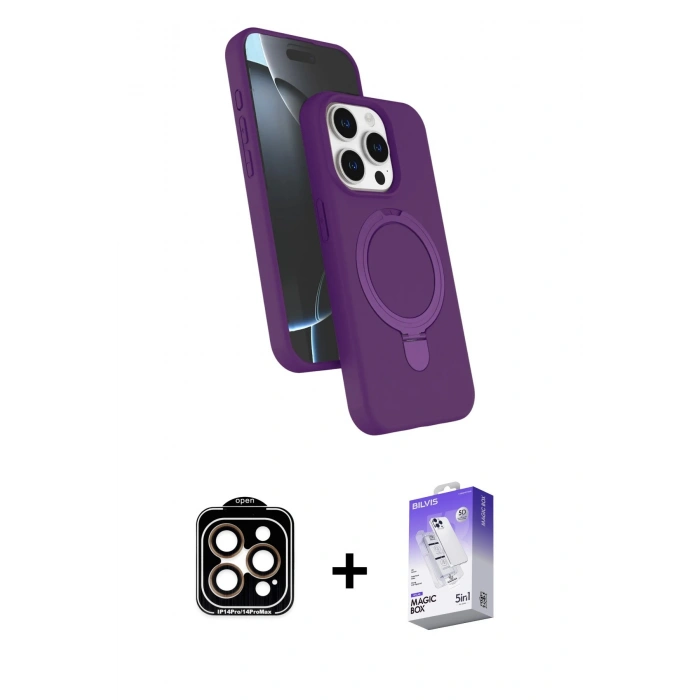 MARSİLYAN™- iPhone 15 Pro Max Kılıf İz Işık Koleksiyonu - Siyah Bilvis 5in1 3D Magic Cam Ekran Koruyucu + PVD Metal Kamera Lens - TU