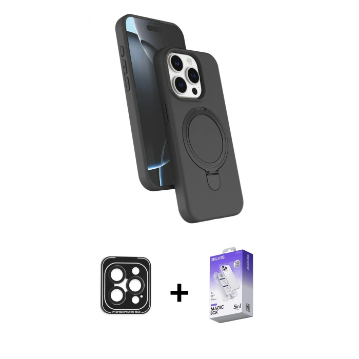 MARSİLYAN™- iPhone 15 Pro Max Kılıf İz Işık Koleksiyonu - Siyah Bilvis 5in1 3D Magic Cam Ekran Koruyucu + PVD Metal Kamera Lens - SH