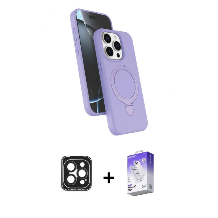 MARSİLYAN™- iPhone 15 Pro Max Kılıf İz Işık Koleksiyonu - Siyah Bilvis 5in1 3D Magic Cam Ekran Koruyucu + PVD Metal Kamera Lens - SH