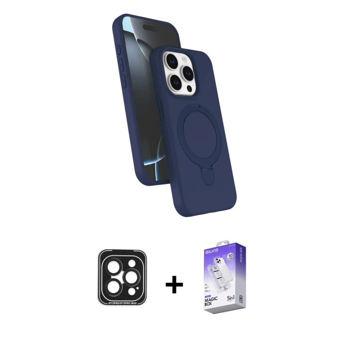 MARSİLYAN™- iPhone 15 Pro Max Kılıf İz Işık Koleksiyonu - Siyah Bilvis 5in1 3D Magic Cam Ekran Koruyucu + PVD Metal Kamera Lens - SH