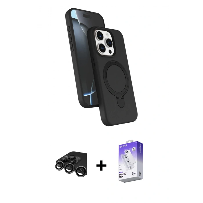MARSİLYAN™- iPhone 15 Pro Max Kılıf İz Işık Koleksiyonu - Siyah Bilvis 5in1 3D Magic Cam Ekran Koruyucu + Raze Metal Kamera Lens - TMGI
