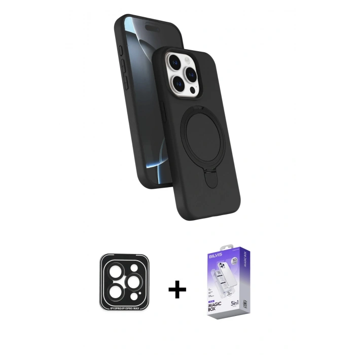 MARSİLYAN™- iPhone 15 Pro Max Kılıf İz Işık Koleksiyonu - Siyah Bilvis 5in1 3D Magic Cam Ekran Koruyucu + PVD Metal Kamera Lens - SH