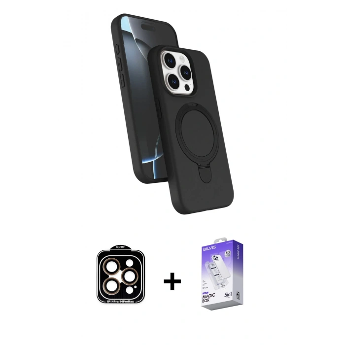 MARSİLYAN™- iPhone 15 Pro Max Kılıf İz Işık Koleksiyonu - Siyah Bilvis 5in1 3D Magic Cam Ekran Koruyucu + PVD Metal Kamera Lens - TU
