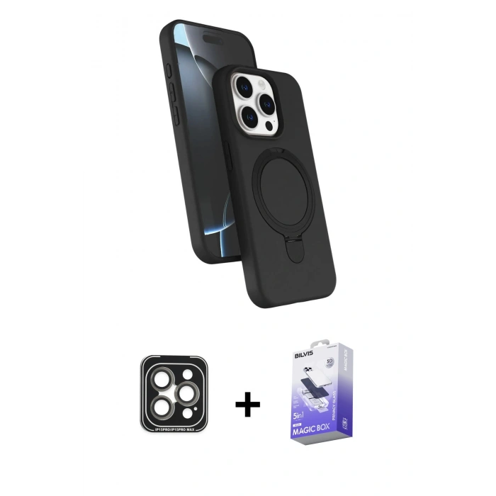 MARSİLYAN™- iPhone 15 Pro Max Kılıf İz Işık Koleksiyonu - Siyah Bilvis 5in1 5D Magic Hayalet Cam Ekran Koruyucu + PVD Metal Kamera Lens - GI