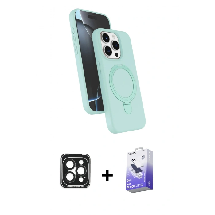 MARSİLYAN™- iPhone 15 Pro Max Kılıf İz Işık Koleksiyonu - Siyah Bilvis 5in1 5D Magic Hayalet Cam Ekran Koruyucu + PVD Metal Kamera Lens - SH