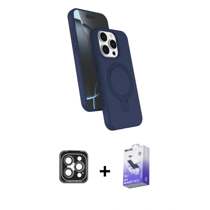 MARSİLYAN™- iPhone 15 Pro Max Kılıf İz Işık Koleksiyonu - Siyah Bilvis 5in1 5D Magic Hayalet Cam Ekran Koruyucu + PVD Metal Kamera Lens - GI