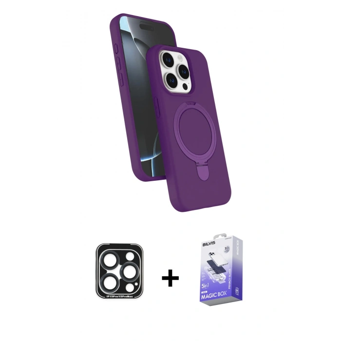 MARSİLYAN™- iPhone 15 Pro Max Kılıf İz Işık Koleksiyonu - Siyah Bilvis 5in1 5D Magic Hayalet Cam Ekran Koruyucu + PVD Metal Kamera Lens - LT