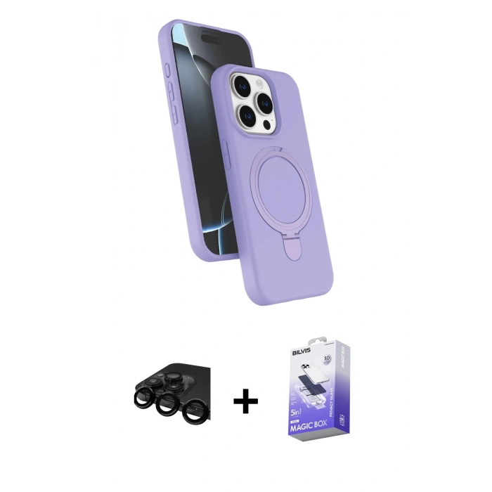 MARSİLYAN™- iPhone 15 Pro Max Kılıf İz Işık Koleksiyonu - Siyah Bilvis 5in1 5D Magic Hayalet Cam Ekran Koruyucu + Raze Metal Kamera Lens - SH