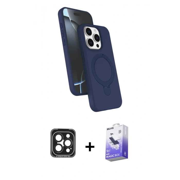 MARSİLYAN™- iPhone 15 Pro Max Kılıf İz Işık Koleksiyonu - Siyah Bilvis 5in1 5D Magic Hayalet Cam Ekran Koruyucu + PVD Metal Kamera Lens - SH