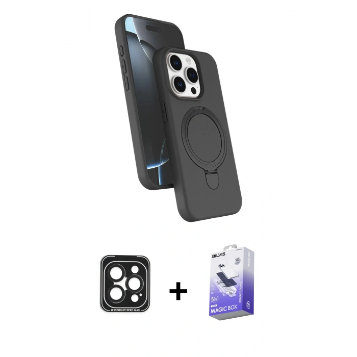 MARSİLYAN™- iPhone 15 Pro Max Kılıf İz Işık Koleksiyonu - Siyah Bilvis 5in1 5D Magic Hayalet Cam Ekran Koruyucu + PVD Metal Kamera Lens - SH