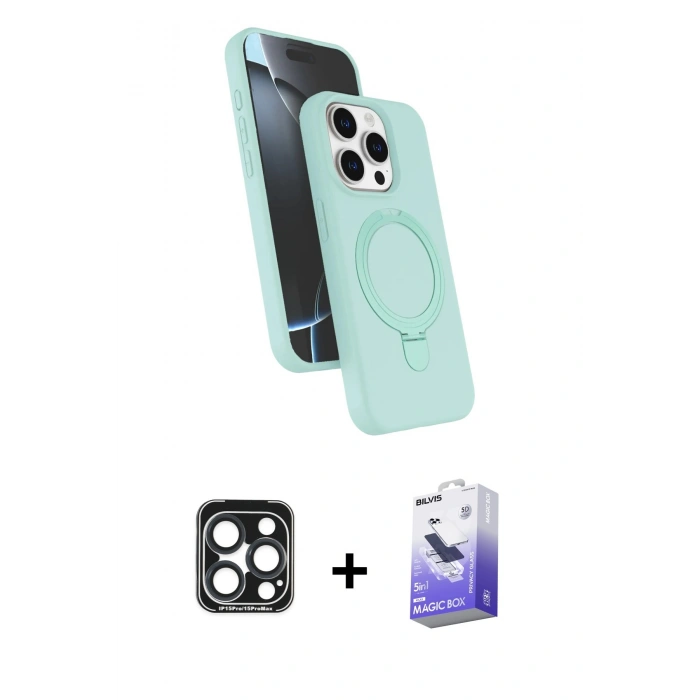 MARSİLYAN™- iPhone 15 Pro Max Kılıf İz Işık Koleksiyonu - Siyah Bilvis 5in1 5D Magic Hayalet Cam Ekran Koruyucu + PVD Metal Kamera Lens - LT