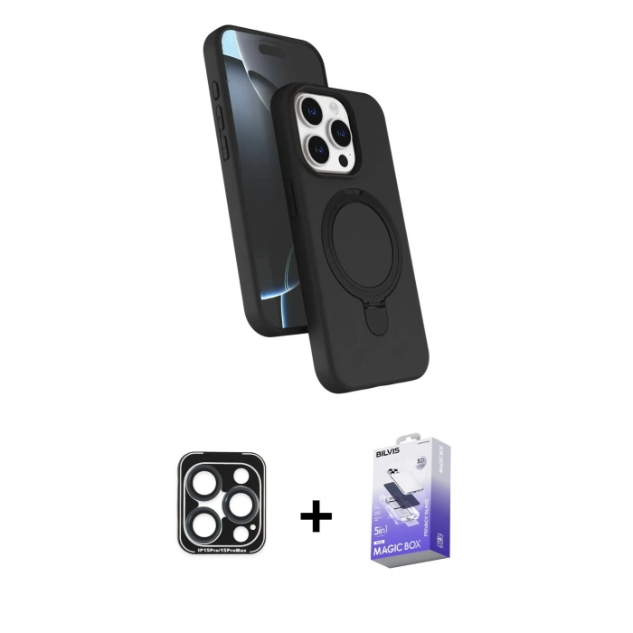 MARSİLYAN™- iPhone 15 Pro Max Kılıf İz Işık Koleksiyonu - Siyah Bilvis 5in1 5D Magic Hayalet Cam Ekran Koruyucu + PVD Metal Kamera Lens - LT