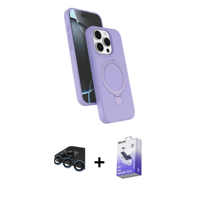 MARSİLYAN™- iPhone 15 Pro Max Kılıf İz Işık Koleksiyonu - Siyah Bilvis 5in1 5D Magic Hayalet Cam Ekran Koruyucu + Raze Metal Kamera Lens - LT