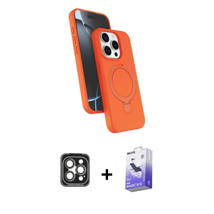 MARSİLYAN™- iPhone 15 Pro Max Kılıf İz Işık Koleksiyonu - Siyah Bilvis 5in1 5D Magic Hayalet Cam Ekran Koruyucu + PVD Metal Kamera Lens - GI