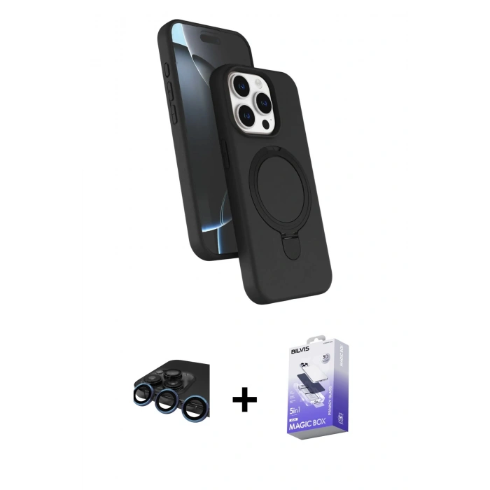 MARSİLYAN™- iPhone 15 Pro Max Kılıf İz Işık Koleksiyonu - Siyah Bilvis 5in1 5D Magic Hayalet Cam Ekran Koruyucu + Raze Metal Kamera Lens - LT