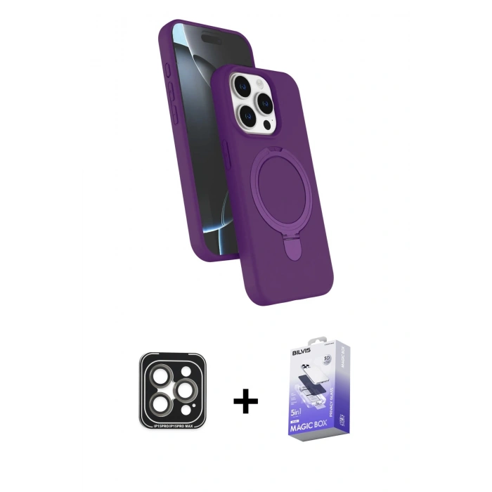 MARSİLYAN™- iPhone 15 Pro Max Kılıf İz Işık Koleksiyonu - Siyah Bilvis 5in1 5D Magic Hayalet Cam Ekran Koruyucu + PVD Metal Kamera Lens - GI