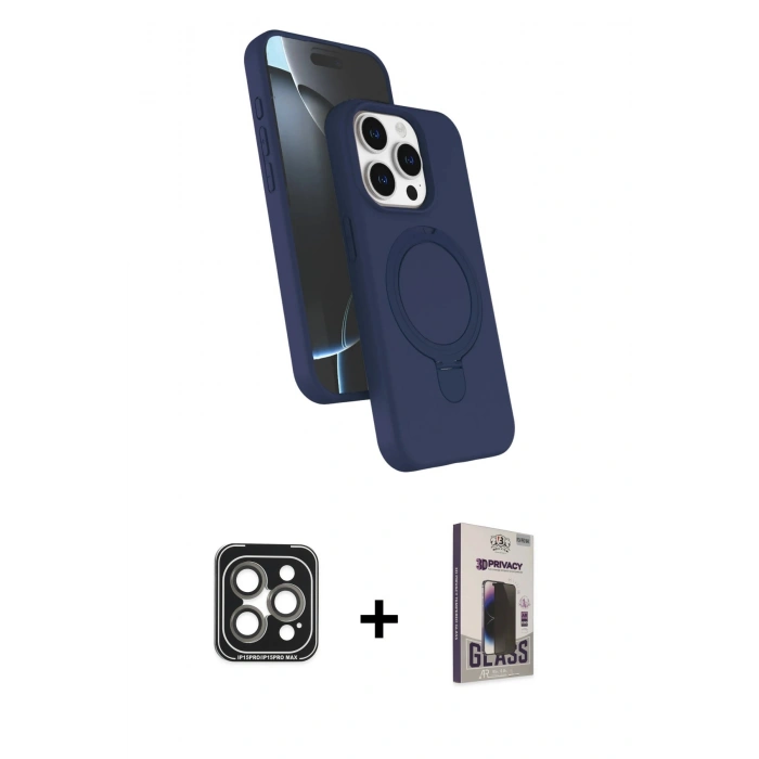 MARSİLYAN™- iPhone 15 Pro Max Kılıf İz Işık Koleksiyonu - Siyah Bilvis Hayalet Cam Ekran Koruyucu + PVD Metal Kamera Lens - GI