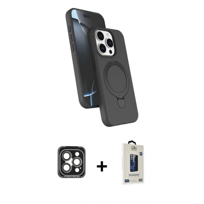 MARSİLYAN™- iPhone 15 Pro Max Kılıf İz Işık Koleksiyonu - Siyah Bilvis Hayalet Cam Ekran Koruyucu + PVD Metal Kamera Lens - GI