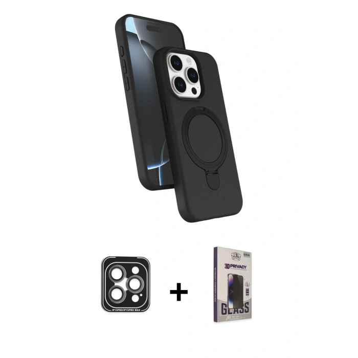MARSİLYAN™- iPhone 15 Pro Max Kılıf İz Işık Koleksiyonu - Siyah Bilvis Hayalet Cam Ekran Koruyucu + PVD Metal Kamera Lens - GI