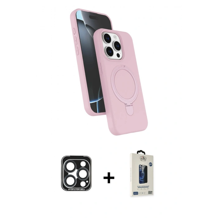 MARSİLYAN™- iPhone 15 Pro Max Kılıf İz Işık Koleksiyonu - Siyah Bilvis Hayalet Cam Ekran Koruyucu + PVD Metal Kamera Lens - LT