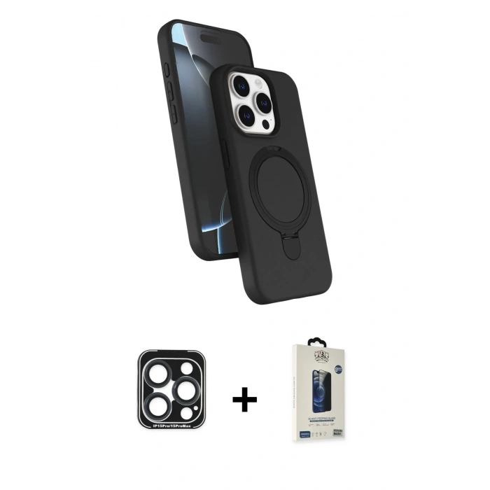MARSİLYAN™- iPhone 15 Pro Max Kılıf İz Işık Koleksiyonu - Siyah Bilvis Hayalet Cam Ekran Koruyucu + PVD Metal Kamera Lens - LT