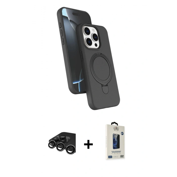 MARSİLYAN™- iPhone 15 Pro Max Kılıf İz Işık Koleksiyonu - Siyah Bilvis Hayalet Cam Ekran Koruyucu + Raze Metal Kamera Lens - TMGI
