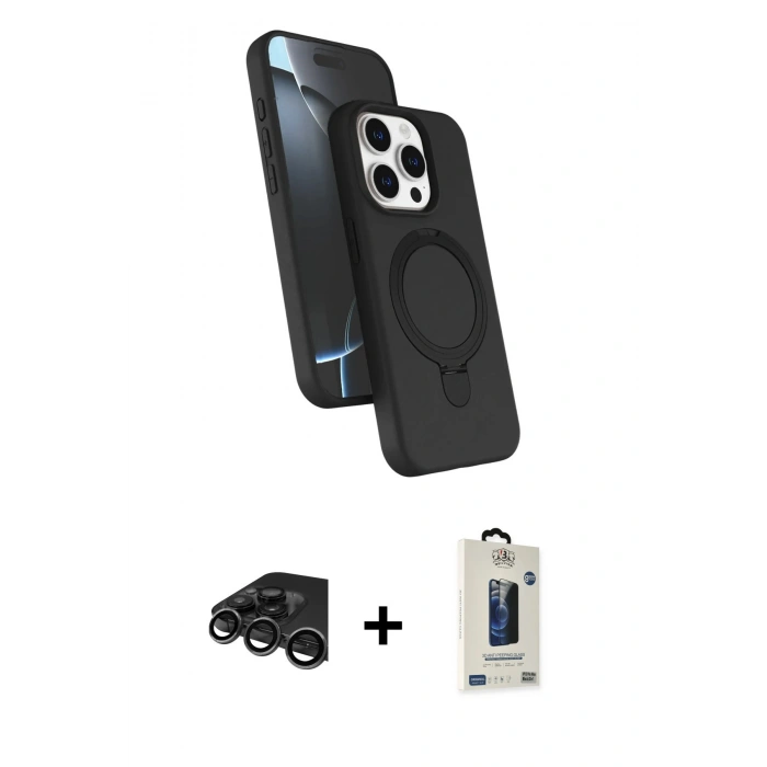 MARSİLYAN™- iPhone 15 Pro Max Kılıf İz Işık Koleksiyonu - Siyah Bilvis Hayalet Cam Ekran Koruyucu + Raze Metal Kamera Lens - TMGI
