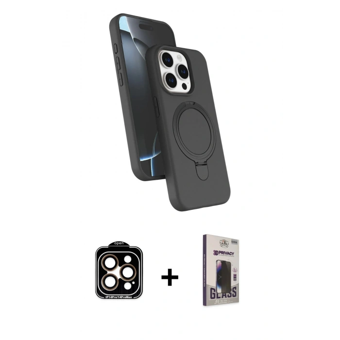 MARSİLYAN™- iPhone 15 Pro Max Kılıf İz Işık Koleksiyonu - Siyah Bilvis Hayalet Cam Ekran Koruyucu + PVD Metal Kamera Lens - TU