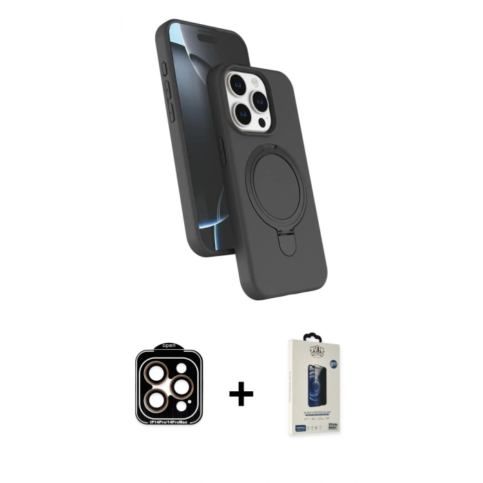 MARSİLYAN™- iPhone 15 Pro Max Kılıf İz Işık Koleksiyonu - Siyah Bilvis Hayalet Cam Ekran Koruyucu + PVD Metal Kamera Lens - TU