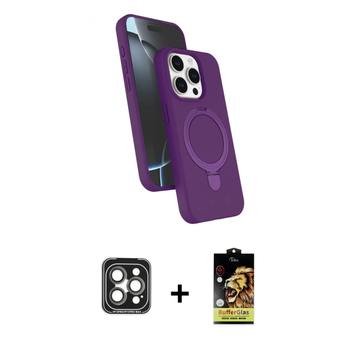 MARSİLYAN™- iPhone 15 Pro Max Kılıf İz Işık Koleksiyonu - Siyah Buffer Cam Ekran Koruyucu + PVD Metal Kamera Lens - GI
