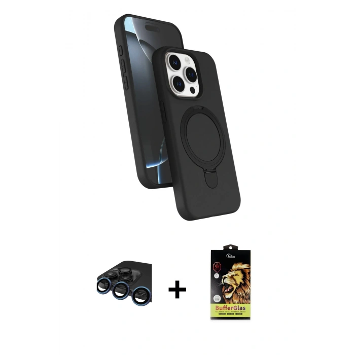 MARSİLYAN™- iPhone 15 Pro Max Kılıf İz Işık Koleksiyonu - Siyah Buffer Cam Ekran Koruyucu + Raze Metal Kamera Lens - LT