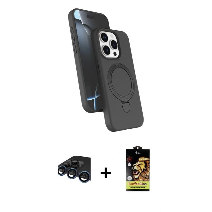 MARSİLYAN™- iPhone 15 Pro Max Kılıf İz Işık Koleksiyonu - Siyah Buffer Cam Ekran Koruyucu + Raze Metal Kamera Lens - LT