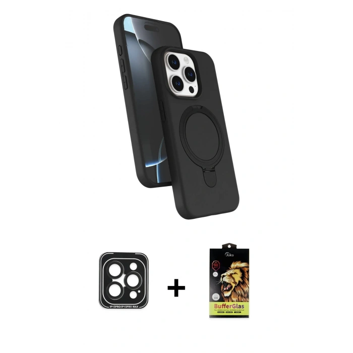 MARSİLYAN™- iPhone 15 Pro Max Kılıf İz Işık Koleksiyonu - Siyah Buffer Cam Ekran Koruyucu + PVD Metal Kamera Lens - SH