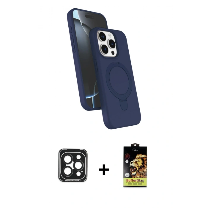 MARSİLYAN™- iPhone 15 Pro Max Kılıf İz Işık Koleksiyonu - Siyah Buffer Cam Ekran Koruyucu + PVD Metal Kamera Lens - SH