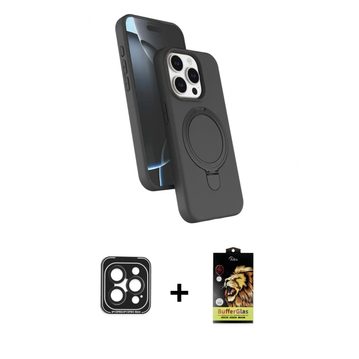 MARSİLYAN™- iPhone 15 Pro Max Kılıf İz Işık Koleksiyonu - Siyah Buffer Cam Ekran Koruyucu + PVD Metal Kamera Lens - SH