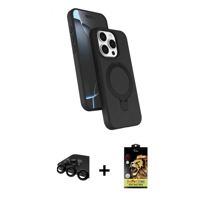 MARSİLYAN™- iPhone 15 Pro Max Kılıf İz Işık Koleksiyonu - Siyah Buffer Cam Ekran Koruyucu + Siyah Raze Metal Kamera Lens