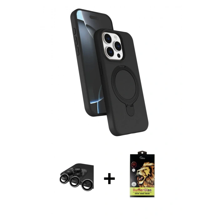 MARSİLYAN™- iPhone 15 Pro Max Kılıf İz Işık Koleksiyonu - Siyah Buffer Cam Ekran Koruyucu + Raze Metal Kamera Lens - TMGI