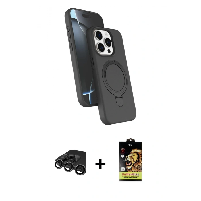 MARSİLYAN™- iPhone 15 Pro Max Kılıf İz Işık Koleksiyonu - Siyah Buffer Cam Ekran Koruyucu + Raze Metal Kamera Lens - TMGI