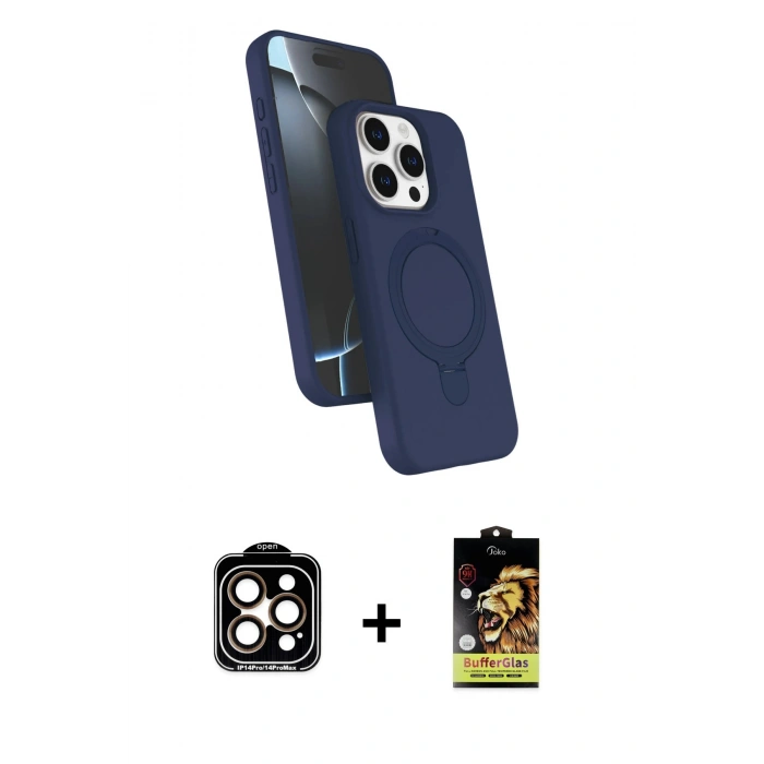 MARSİLYAN™- iPhone 15 Pro Max Kılıf İz Işık Koleksiyonu - Siyah Buffer Cam Ekran Koruyucu + Turuncu PVD Metal Kamera Lens