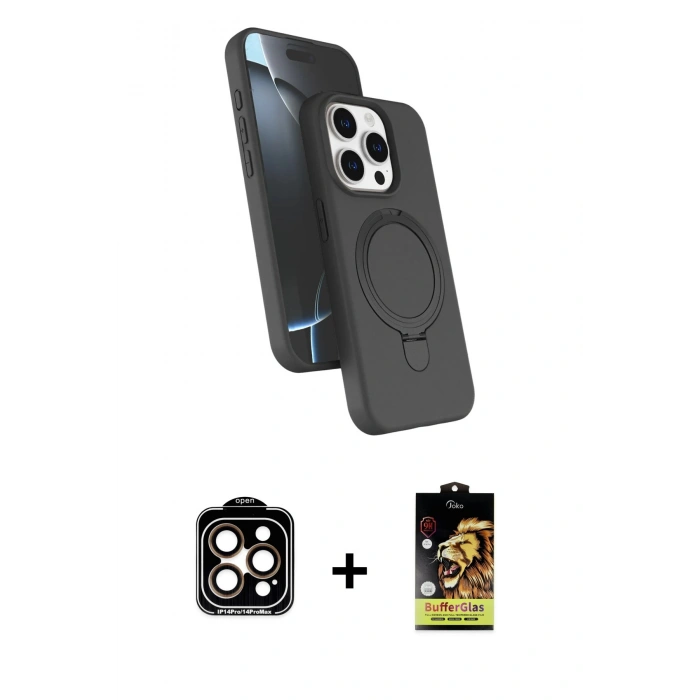 MARSİLYAN™- iPhone 15 Pro Max Kılıf İz Işık Koleksiyonu - Siyah Buffer Cam Ekran Koruyucu + Turuncu PVD Metal Kamera Lens