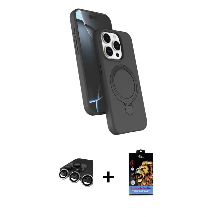 MARSİLYAN™- iPhone 15 Pro Max Kılıf İz Işık Koleksiyonu - Siyah Buffer Hayalet Cam Ekran Koruyucu + Raze Metal Kamera Lens - GS