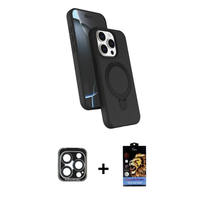 MARSİLYAN™- iPhone 15 Pro Max Kılıf İz Işık Koleksiyonu - Siyah Buffer Hayalet Cam Ekran Koruyucu + PVD Metal Kamera Lens - LT