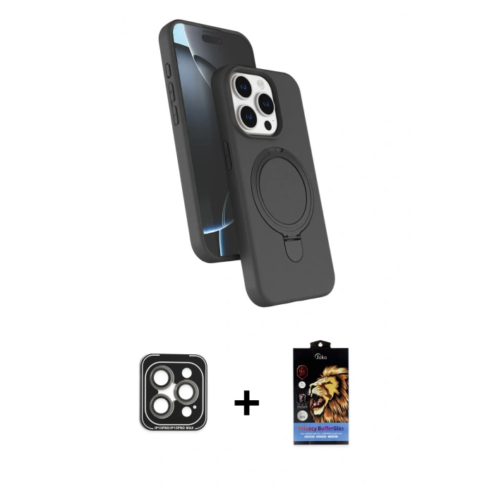 MARSİLYAN™- iPhone 15 Pro Max Kılıf İz Işık Koleksiyonu - Siyah Buffer Hayalet Cam Ekran Koruyucu + PVD Metal Kamera Lens - GI