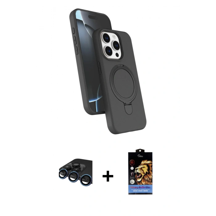 MARSİLYAN™- iPhone 15 Pro Max Kılıf İz Işık Koleksiyonu - Siyah Buffer Hayalet Cam Ekran Koruyucu + Raze Metal Kamera Lens - LT